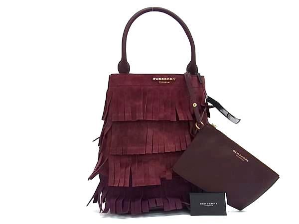 ■美品■ BURBERRY PRORSUM バーバリープローサム スエード×レザー フリンジ ポーチ付き ワンショルダーバッグ ボルドー系 FE3738