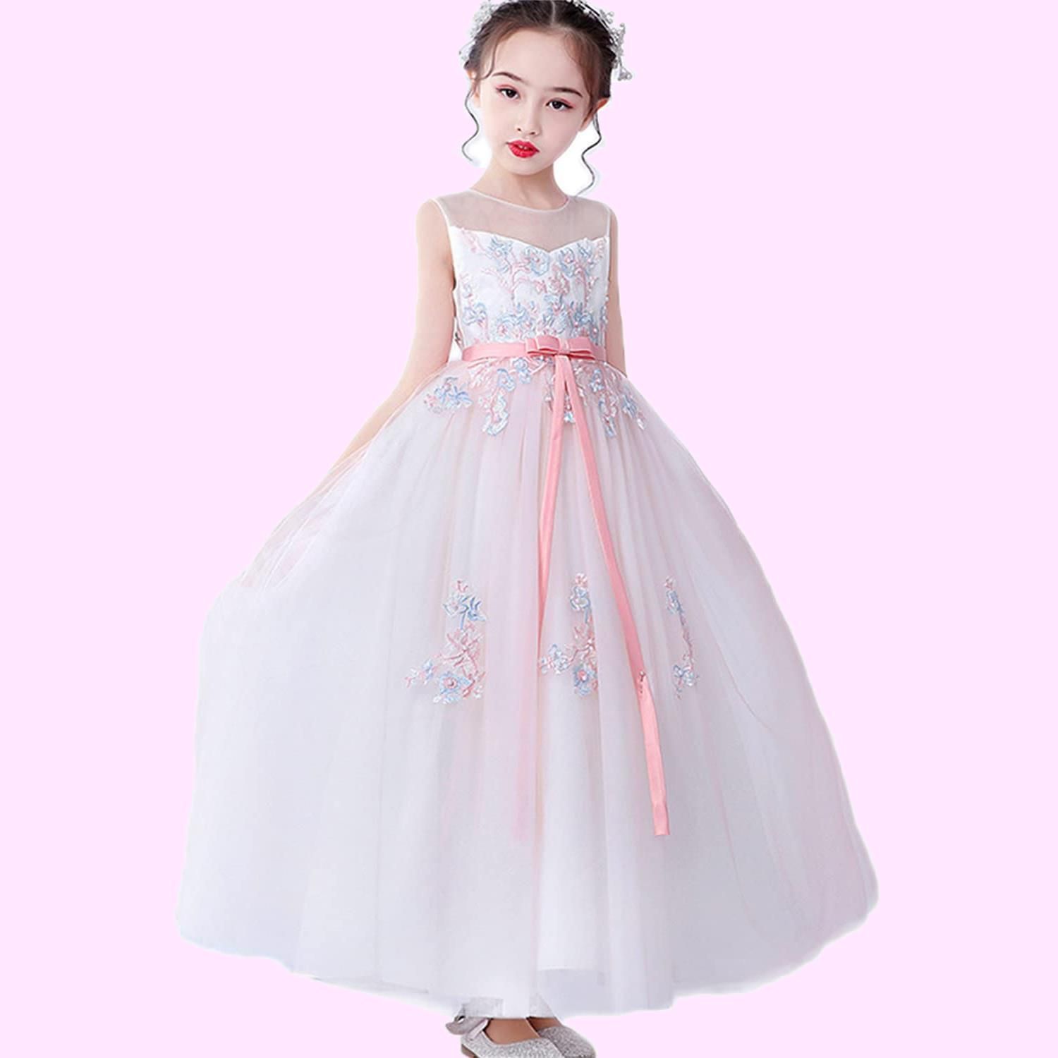 Size:150_Color:ピンク [Karwavyi] 子供 ドレス ピアノ発表会 女の子 ロングドレス 刺繍 子供 結婚式 ドレス 演奏会 イベント ジュニアドレス 誕生日 七五三 お呼ばれ（150，ピンク）