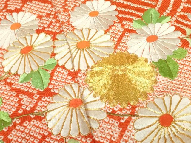 刺繍　金駒刺繍　金彩　たたき染め　花模様　松竹梅　振袖　仮絵羽　035a p 刺繍 金駒刺繍 金彩 たたき染め 花模様 松竹梅 振袖 仮絵羽 035a p