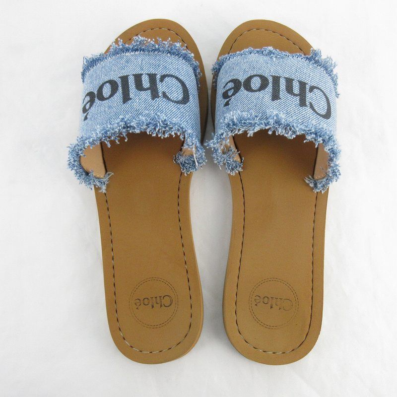 クロエ CHLOE サンダル フラット デニム ロゴ インディゴ ブルー 36 約