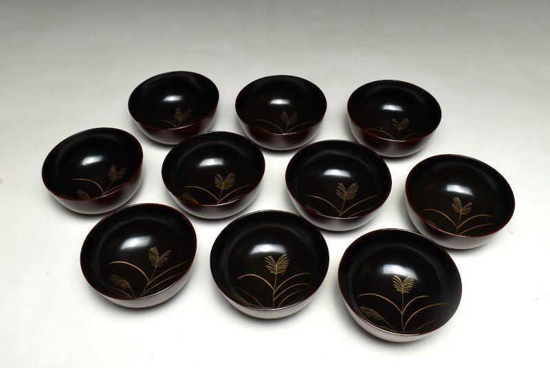 蔵C9321f 塗師 貴志川作 溜塗見返絵替草花文蒔絵 吸物椀 十客 共箱