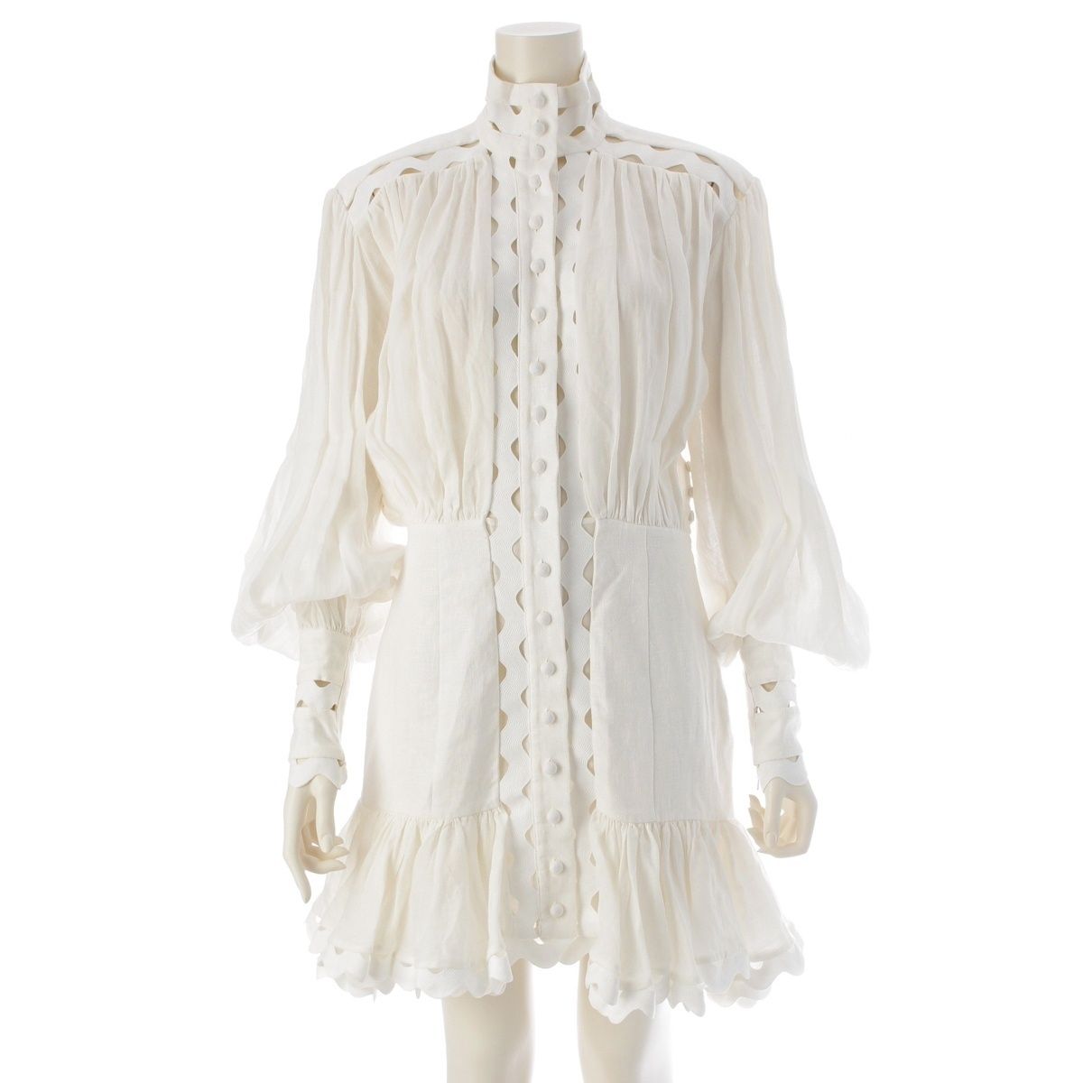 ZIMMERMANN ジマーマン ラミー ハイネック 前開き 長袖 シャツ ワンピース ドレス ホワイト 1