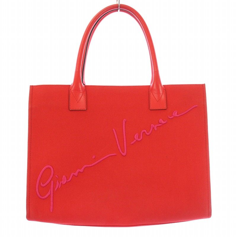 ヴェルサーチ ヴェルサーチェ VERSACE SIGNATURE CANVAS TOTE BAG シグネチャーキャンバストートバッグ ハンドバッグ ロゴ 刺繍 赤 レッド DBFH683 |BB