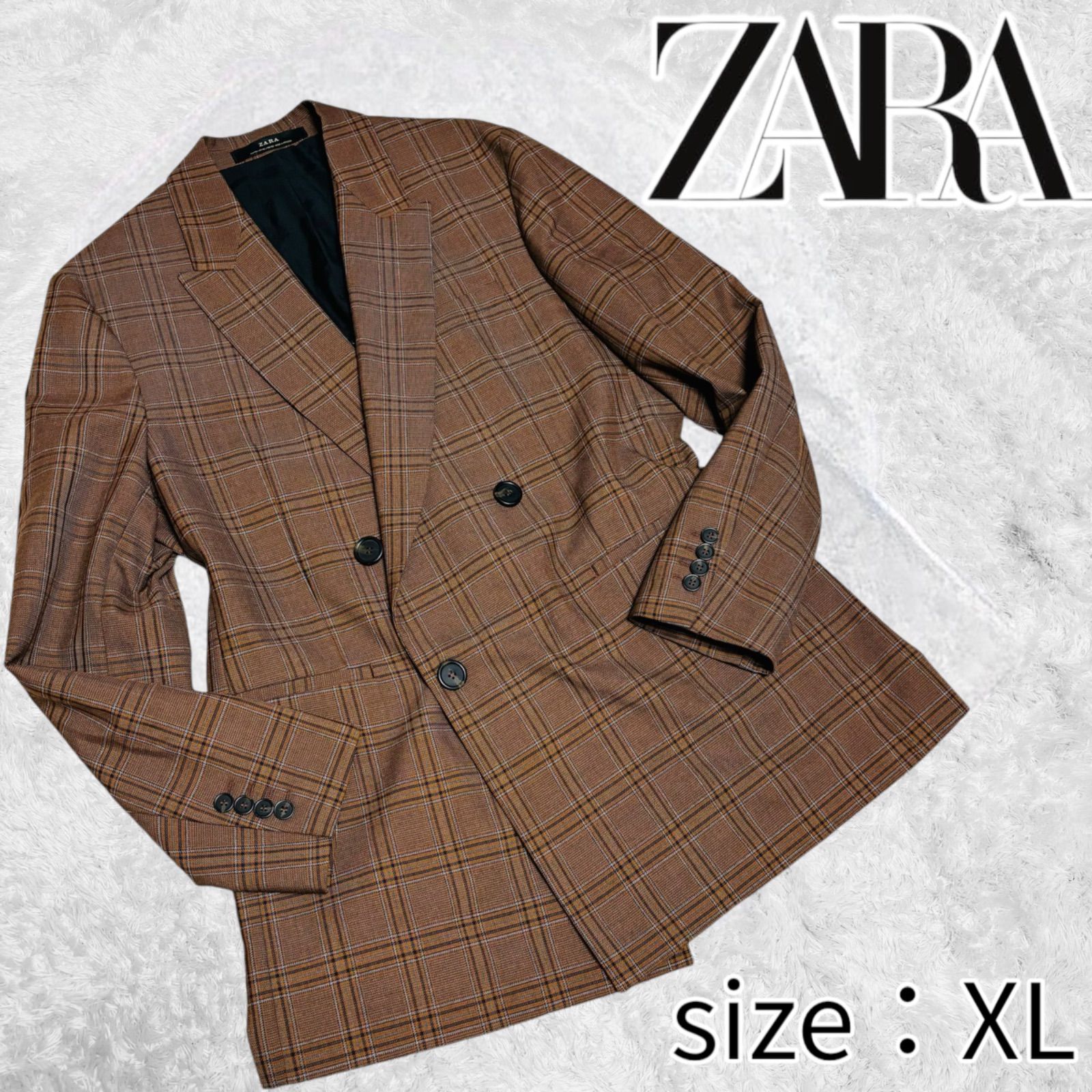 ZARA ザラ ザラ テーラードジャケット ダブルブレスト タータンチェック 2XL大きいサイズ ブラウン 秋色