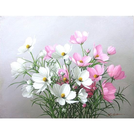 真作】絵画 作者不詳 サイン有 油彩10号 夏の花 精密描写 名品