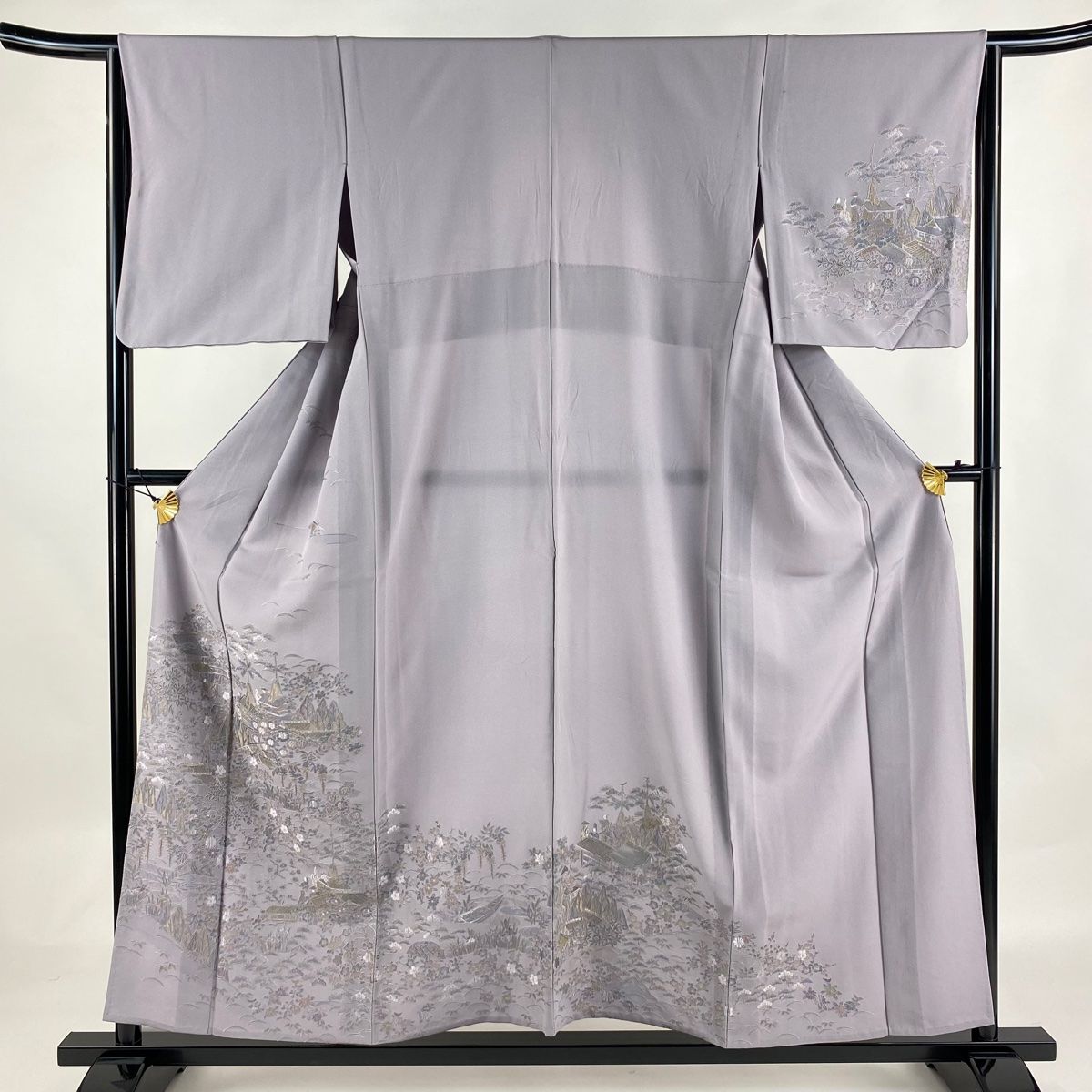 訪問着 身丈154cm 裄丈66cm M 単衣 家屋 松竹梅 金糸 刺繍 薄紫 正絹 名品