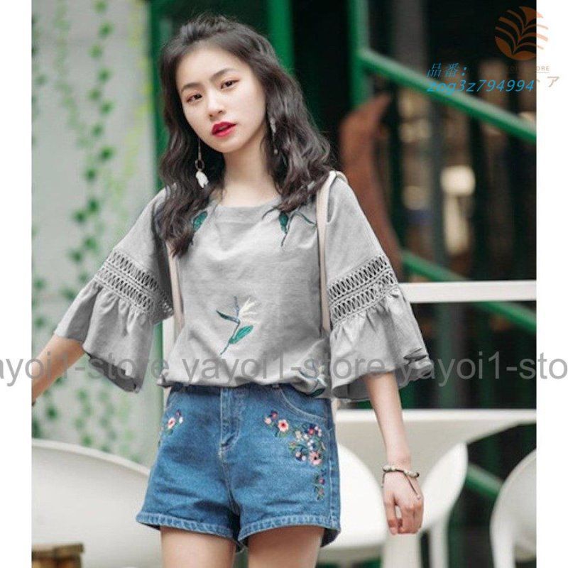 ブラウス 七分袖 レディース 夏服 クルーネック トップス