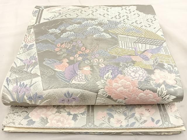平和屋着物◎六通柄袋帯 唐織 扇面花鳥文 プラチナ箔 正絹 逸品