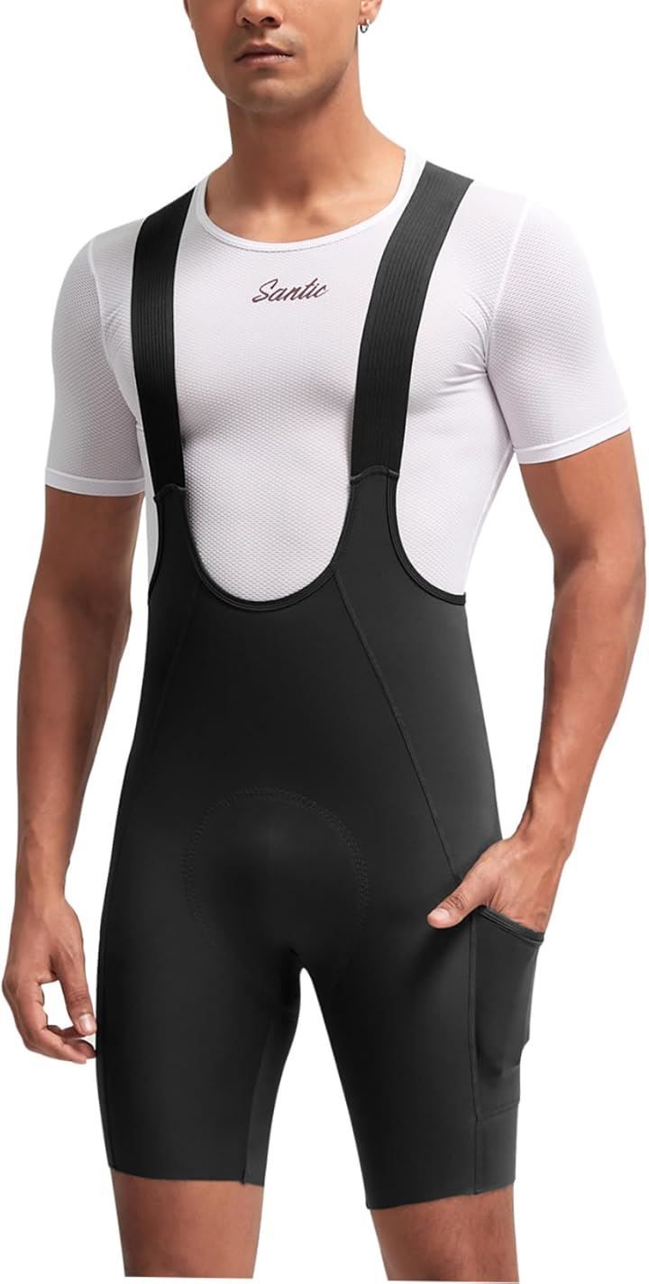Santic サンティック メンズ サイクルパンツ サイクリングビブパンツ ビブショーツ レーサーパンツ 春夏 吸汗 速乾 弾力 パッド付き ポケット ロードバイク 自転車 ブラック M