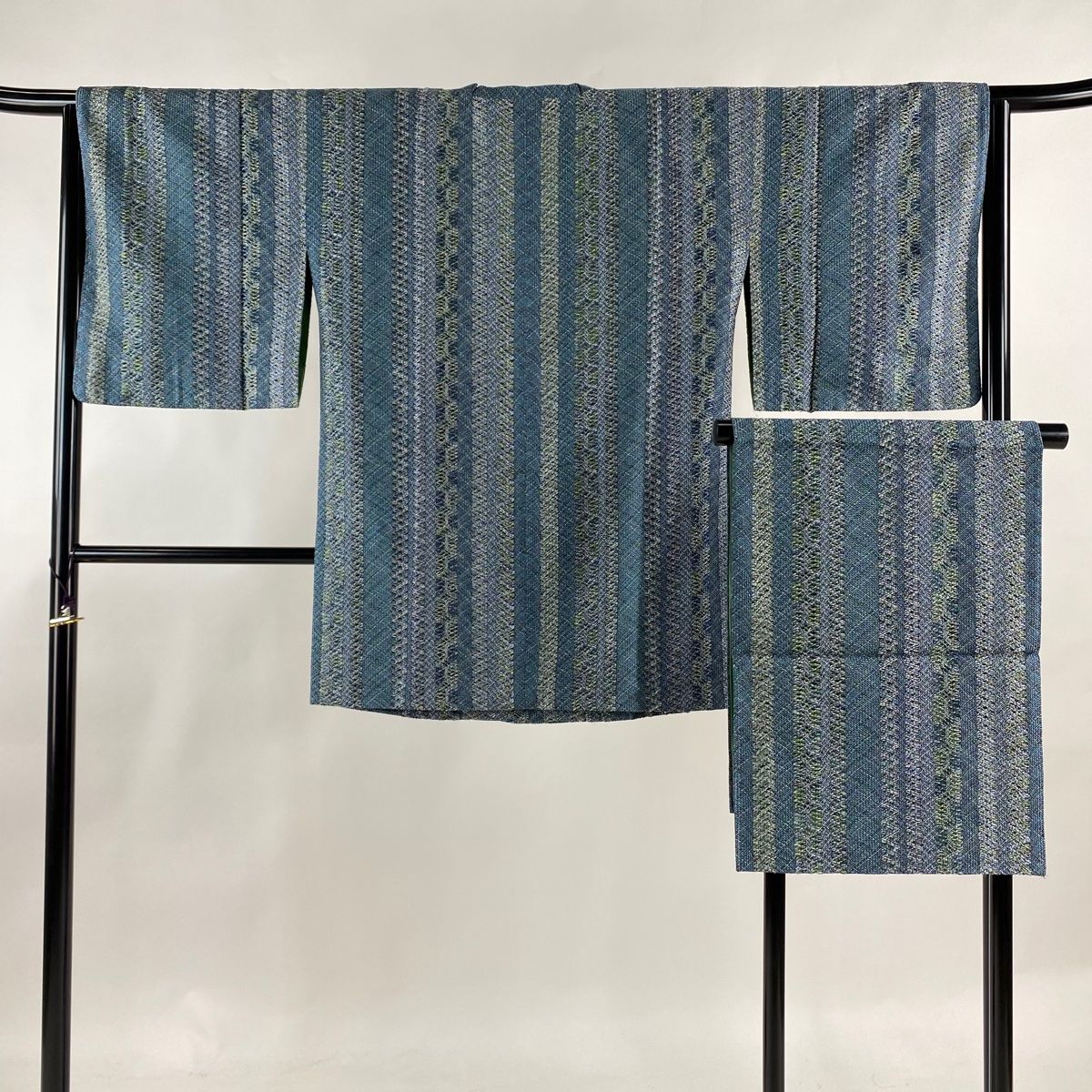 道行 身丈87cm 裄丈65cm M 和装コート 角衿 縞 青緑 正絹 名品