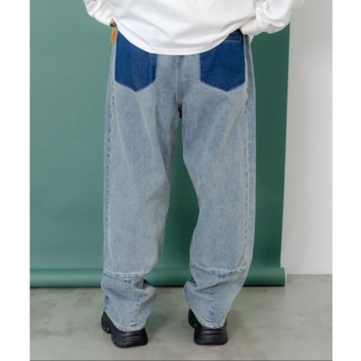 Scolar 綿×レース異素材アップリケデニムパンツ