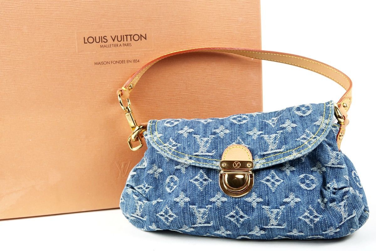 超 LOUIS VUITTON ヴィトン ミニプリーティ モノグラム デニム ショルダーバッグ ポーチ ブルー系 小物入れ TE48