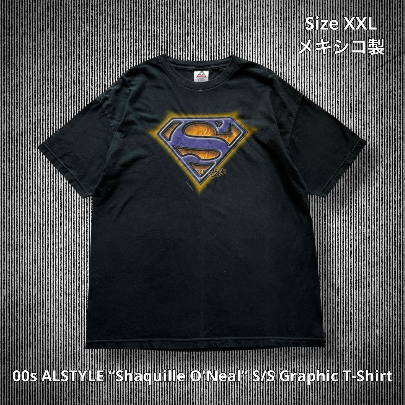 00s ALSTYLE Shaquille O Neal” S|S Graphic T-Shirt アルスタイル シャキール オニール グラフィックTシャツ 半袖 ブラック XXLサイズ メキシコ製 スーパーマン パロディ NBA ロサンゼルス レイカーズ