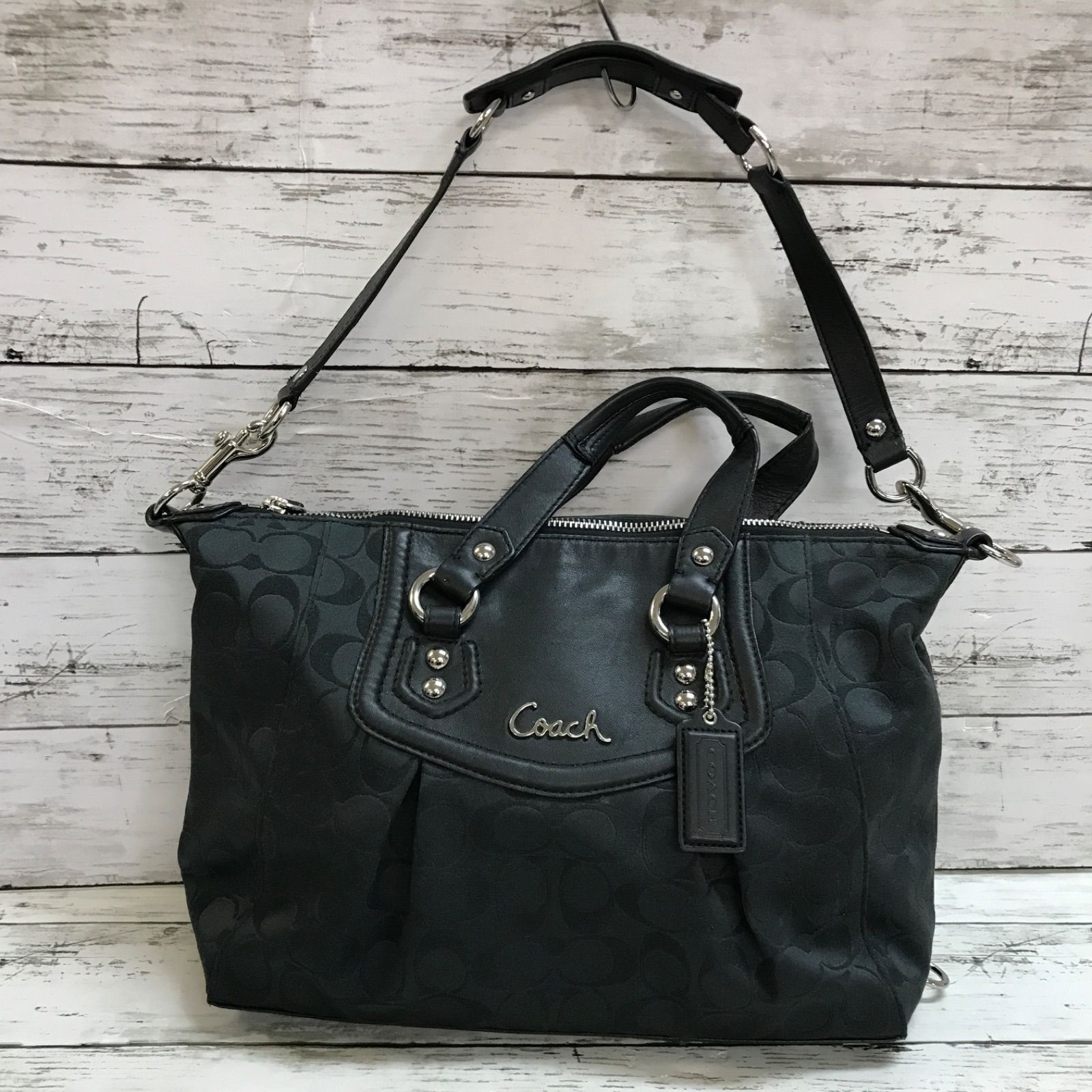 COACH アシュレイ シグネチャー サッチェル サテンキャンバス 黒 