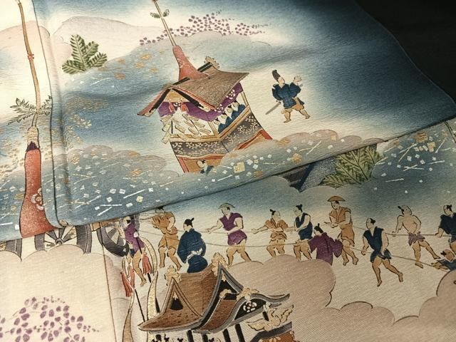 平和屋着物●友禅師・京の名工・伝統工芸士・樽本伊勢蔵 黒留袖 祇園祭 山鉾迎行 浜ちりめん 金銀彩 反端付き 正絹 逸品 AAAX0153np 平和屋着物○友禅師・京の名工・伝統工芸士・樽本伊勢蔵 黒留袖 祇園祭