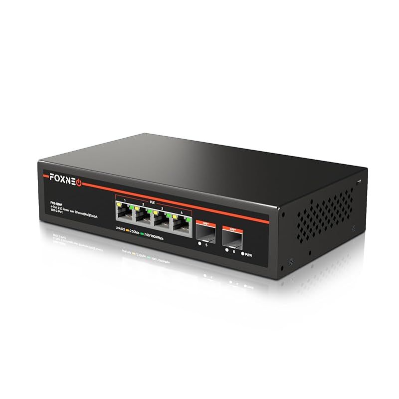 FOXNEO 2.5gbps スイッチングハブ PoE機能搭載 6ポート（4x2.5G RJ45(PoE)と2x10G SFP+）各ポート最大30W 総合75W対応 個人や家庭向けのスイッチングハブ 静音ファンレス設計 デスクトップや壁掛け設置可