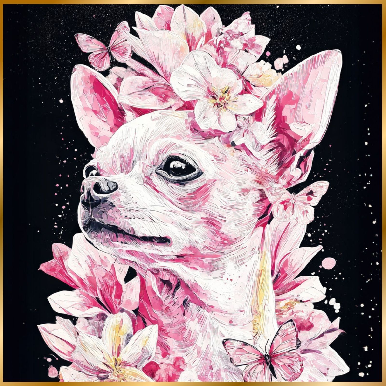 蝶よ花よ - チワワ犬 No.1 ピンク 犬の絵 犬のイラスト おしゃれ エレガント ゴージャス 豪華 インテリアアート ペットロス うちの子 記念日 アートポスター ギフト