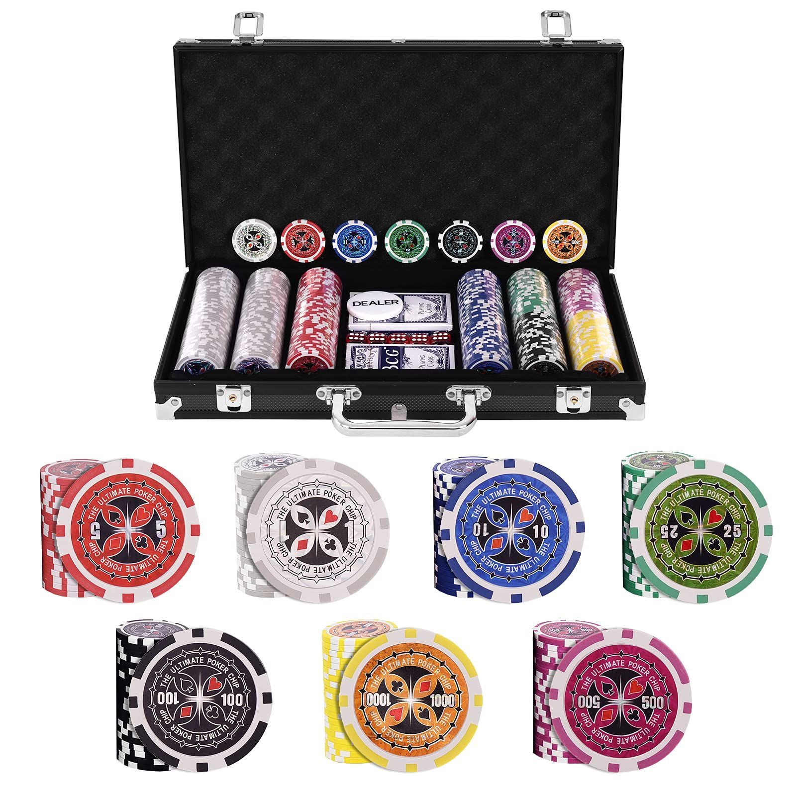 GYMAX ポーカーチップ ポーカー チップ 300枚 カジノチップ ポーカーセット 数字入り トランプ付き テーブルゲーム カジノセット (ブラック)