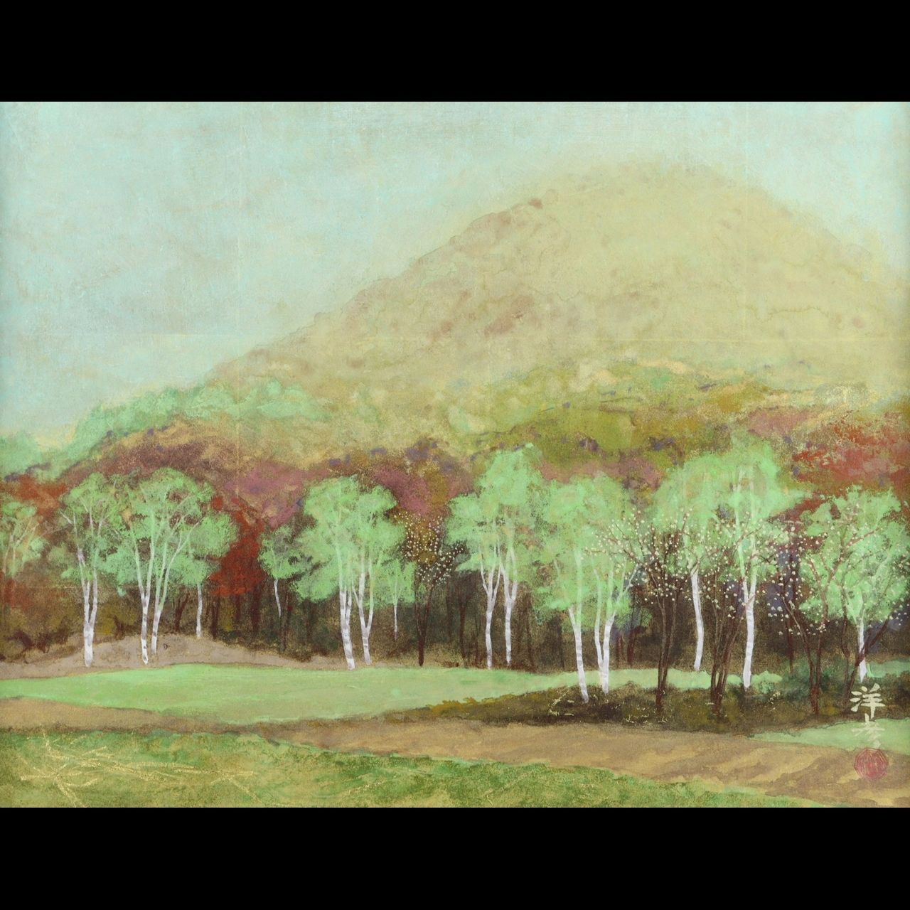 平岩洋彦 高原 肉筆日本画6号 共シール タトウ箱 山風景 唐物 骨董 古美術 楾 G135-V