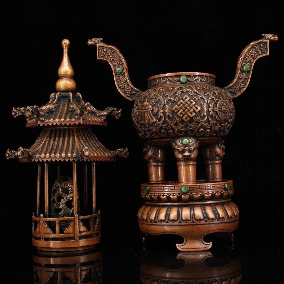 中国古美術·純銅製·純手作り·宝石をはめ込み塔形香炉·風水鎮宅·置物·細密彫 中国古美術·純銅製·純手作り·宝石をはめ込み塔形香炉·風水鎮宅