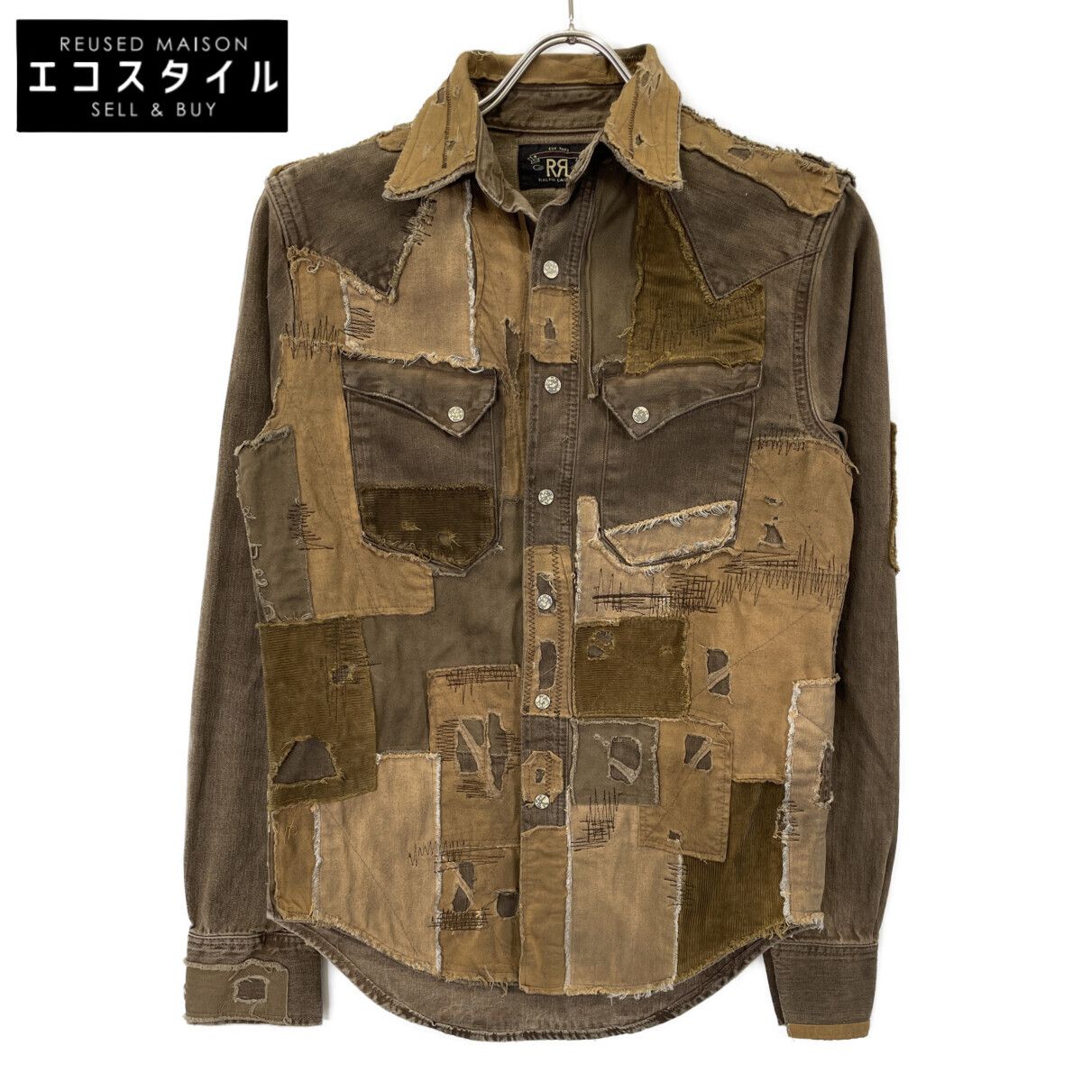 RRL ダブルアールエル ﾌﾞﾗｳﾝ ﾊﾟｯﾁﾜｰｸ ﾀﾞﾒｰｼﾞ加工 ｳｴｽﾀﾝｼｬﾂ XXS