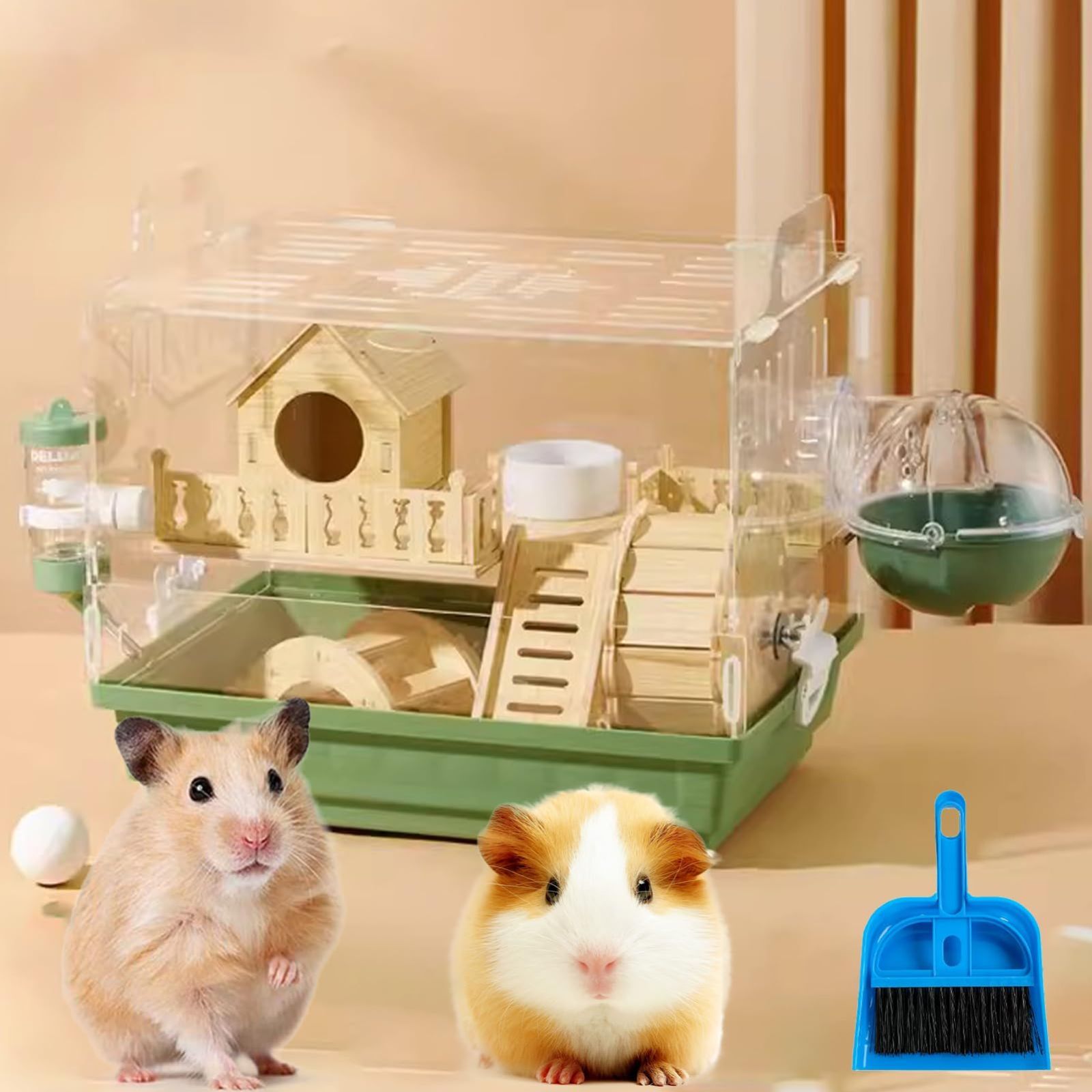 Bセット_ア-グリーン Puhang ハムスターケージ 飼育ケース ハムスターハウス ペットケージ アクリル製 厚手タイプ 冬 まわし車 給水ボトル 食器 寝袋 など含めて 透明デザイン 1階/2階 掃除しや
