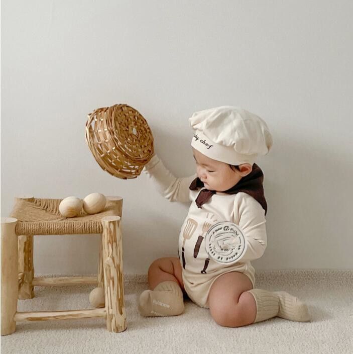 パン屋さん コックさん風 ロンパース 帽子セット 韓国風 子供服 ベビー
