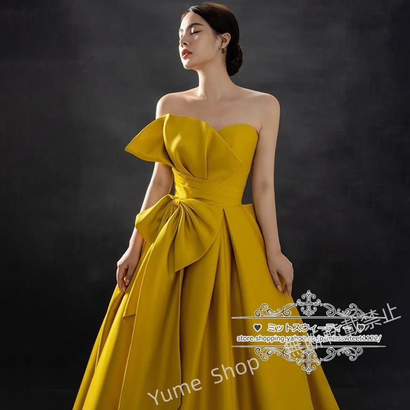 ♥ カラードレス ロングドレス イエロー ビスチェ Aラインドレス 演奏会 発表会 イブニングドレス ウェディングドレス 結婚式 二次会 披露宴 花嫁 コンサート 黄色 nhdw122