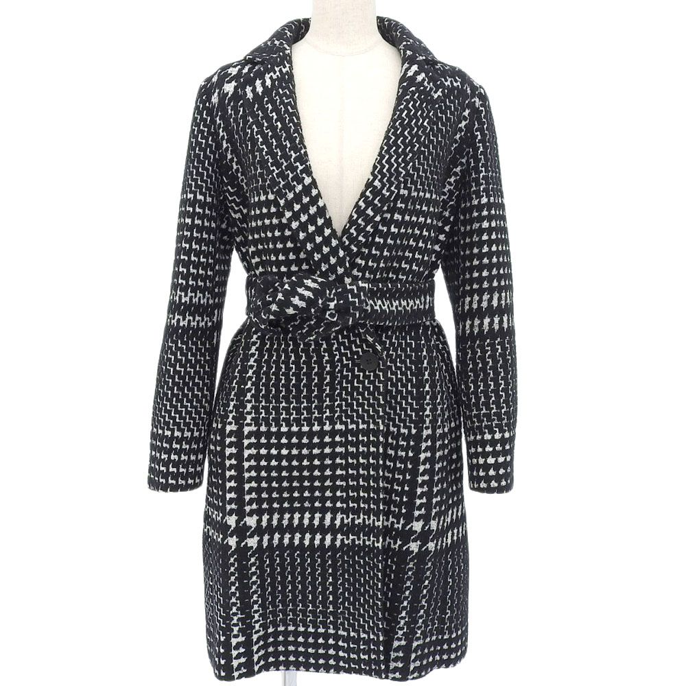 MAX MARA マックスマーラ グレンチェック柄 ウール ベルテッド ガウンコート サイズ36 ブラック ホワイト レディース 古着