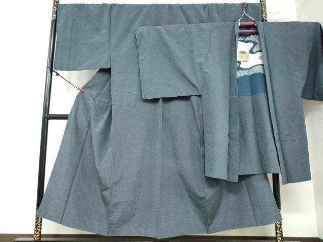平和屋着物●男性 髭紬 アンサンブル 長羽織 藍鼠色 キングサイズ 正絹 DAAY5424ud