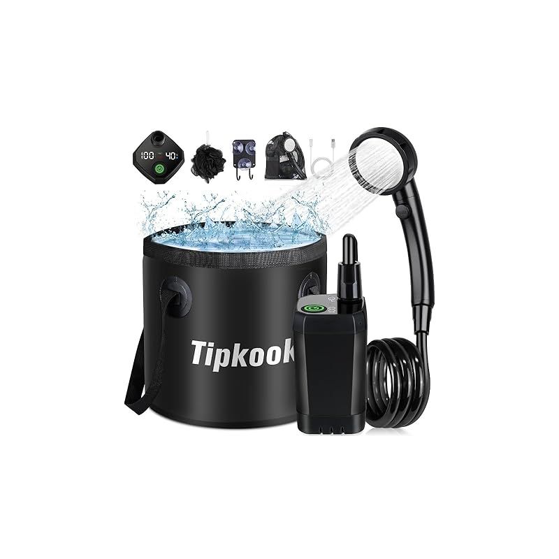 Tipkook ポータブルシャワー 充電式 20L折りたたみ式バケツ付 キャンプ 電動シャワー ポンプ 6000mAh 四つ出水モード 水流量無段階調節 デジタル画面 アウトドア簡易シャワー 2Mホース 収納袋付き ャンプシャワ ー 旅行 水遣り 洗車 植 0