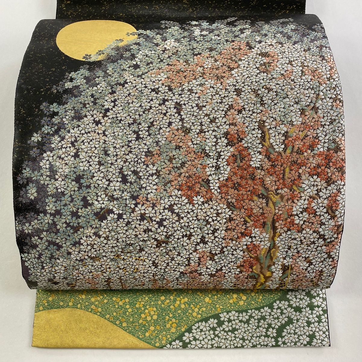 袋帯 長嶋成織物 落款 瀞金錦 桜花苑 月 桜 金糸 箔 黒 お太鼓柄 正絹