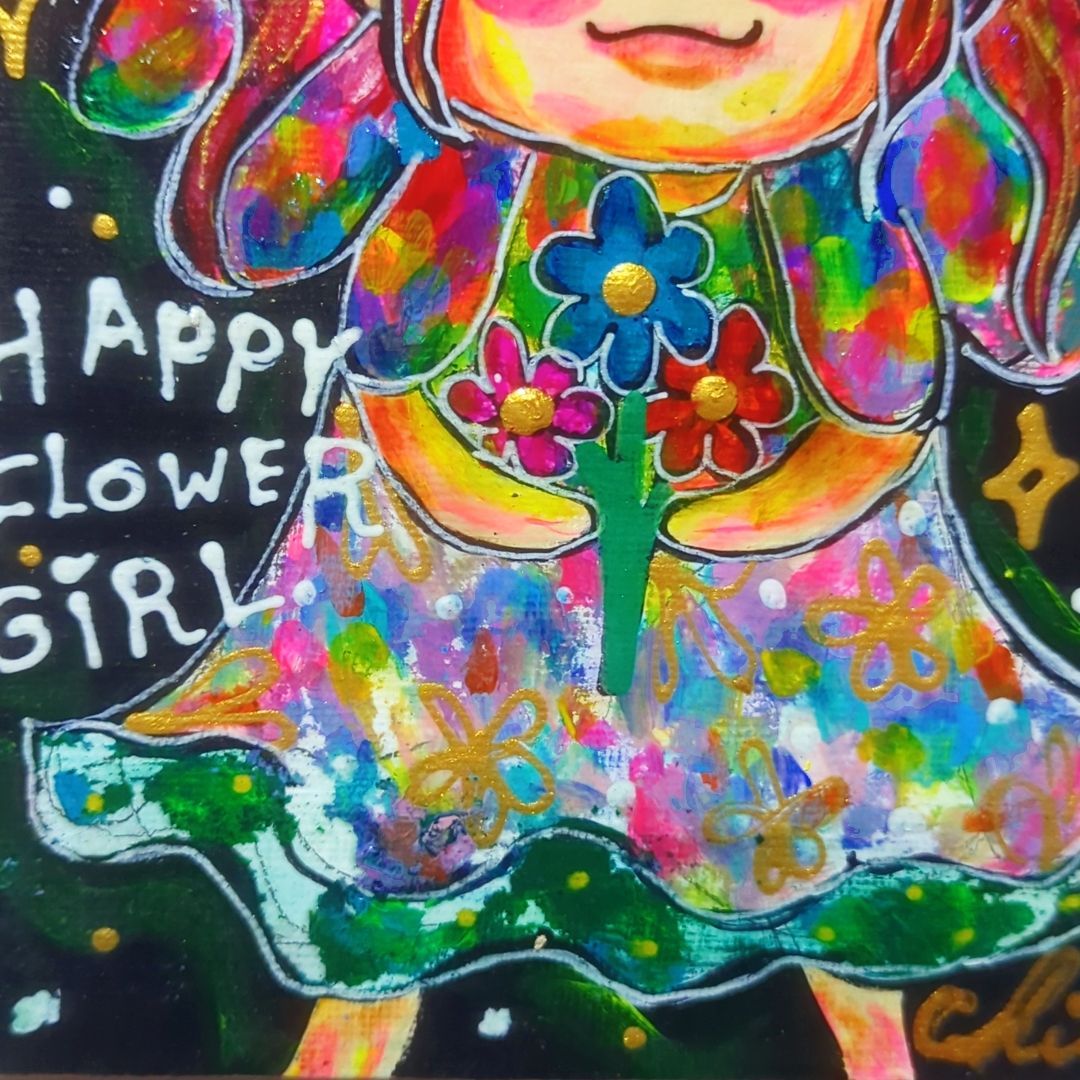 Chika/一点物アート】HAPPY FLOWER GIRL（F0）現代アート 女の子 