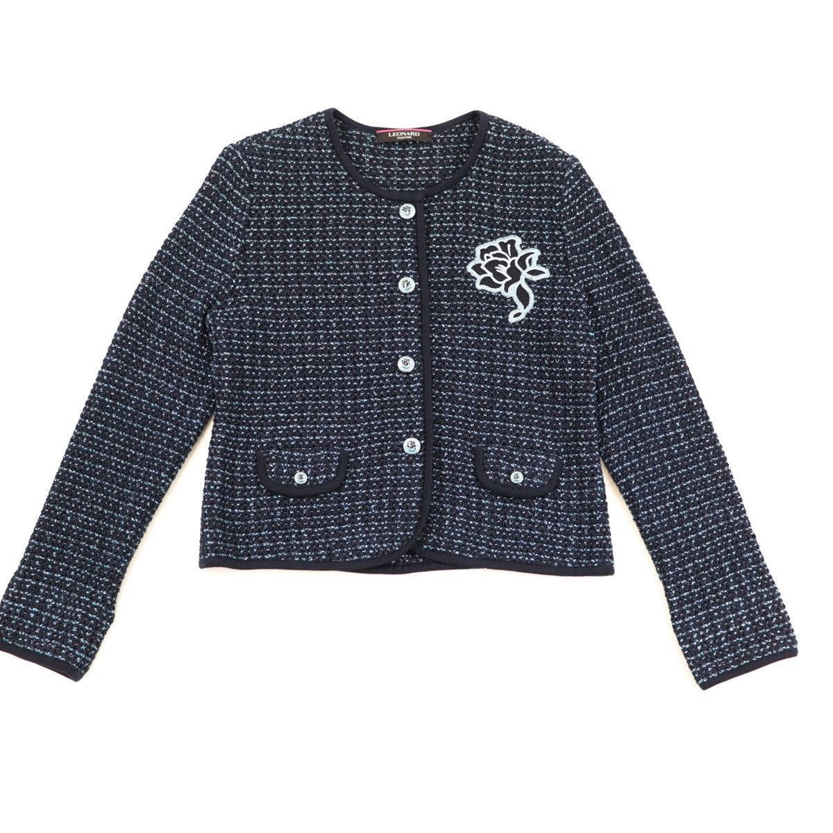 レオナールジャケット42美品 美品 レオナール ラメニット ノーカラージャケット レディース