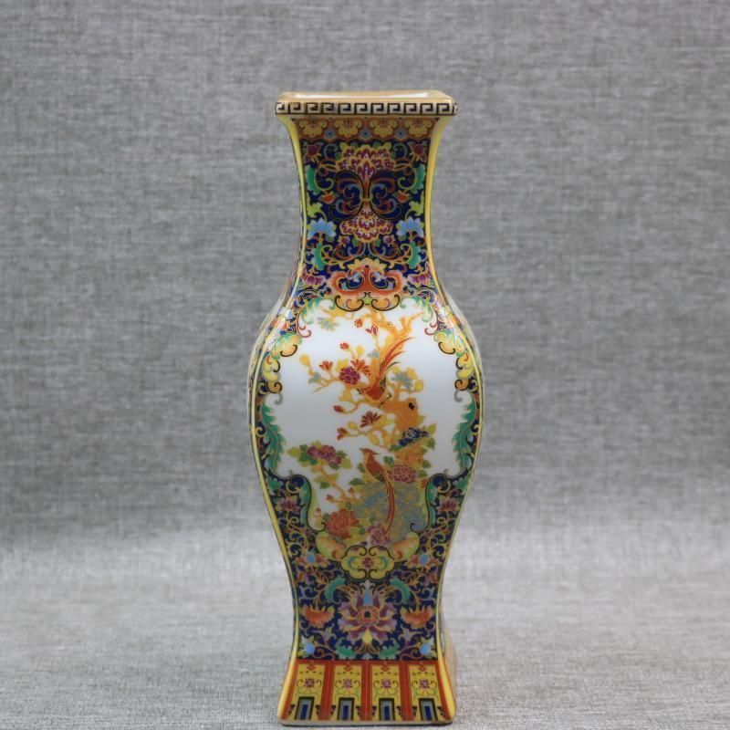 琺瑯彩蒔絵花鳥四方瓶 挿花器 景徳鎮 陶磁器 装飾品 現代工芸品
