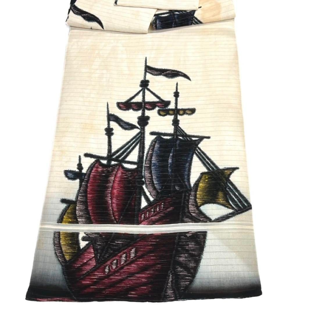 アンティーク 名古屋帯 南蛮船 帆船 銀糸 流水 絽 白地 着物 033a d