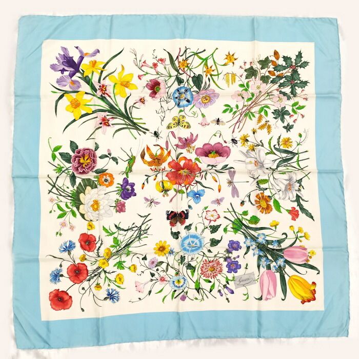 グッチ GUCCI スカーフ 花柄 シルク マルチカラー ネイビー ホワイト GUCCI グッチ スカーフ ブルーホワイトマルチカラー 花柄 - メルカリ