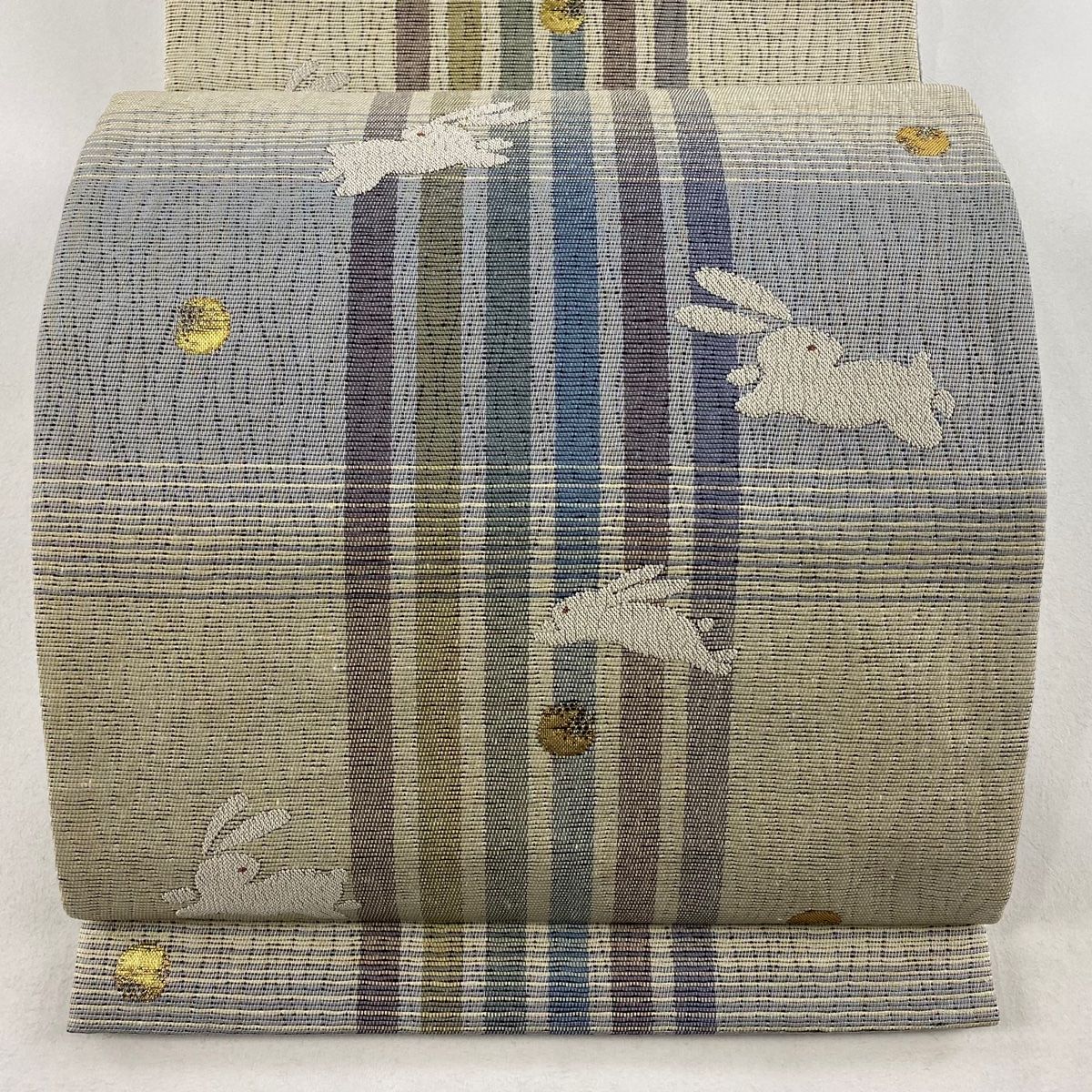 袋帯 美品 名品 やまと ウサギ 縞 箔 ベージュ 六通 正絹 【中古