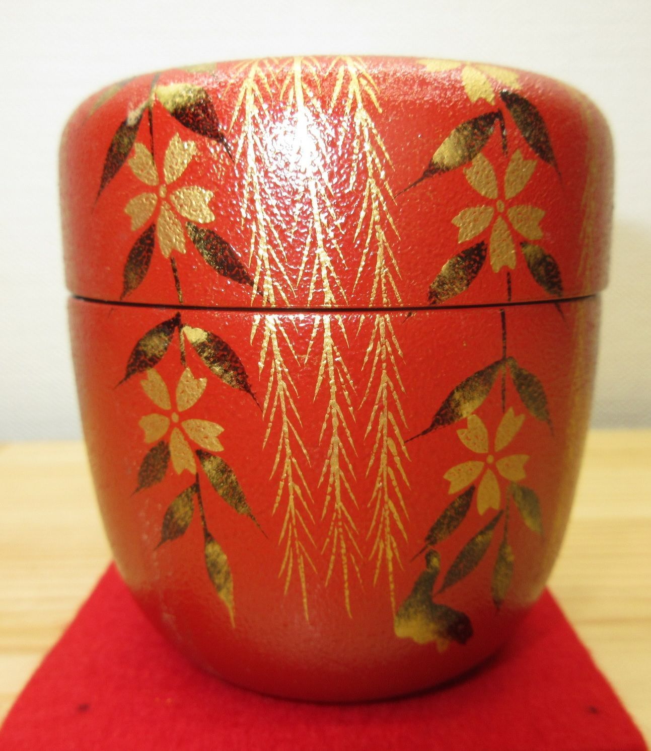 逢絢亭 茶道具 中棗 山中塗 叩塗 しだれ桜蒔絵 木製 中村湖彩 共箱入り