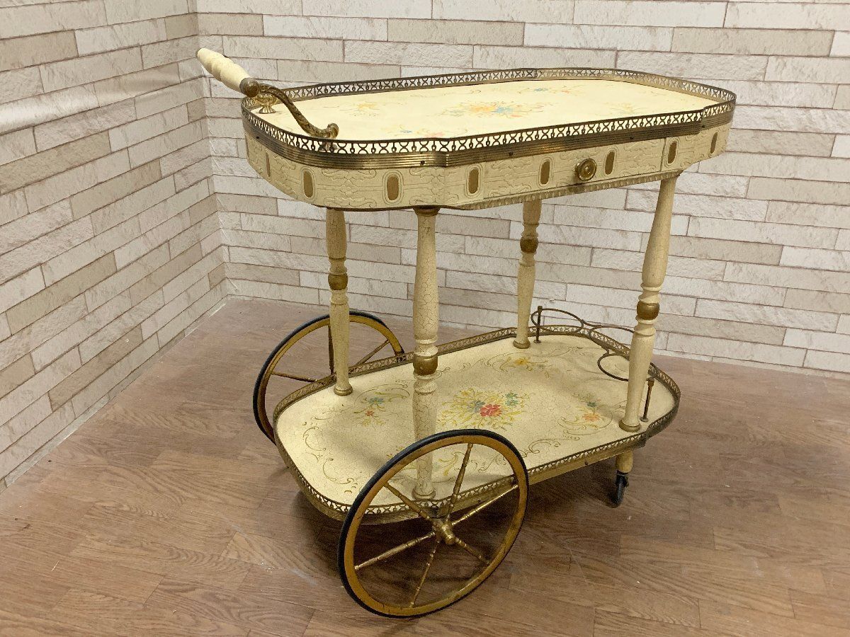 ロココ フレンチ♦️ライディングデスク タイル天板♦️アンティーク調 キッチンワゴン フレンチロココ調 キッチンワゴン サービスワゴン インテリア 配膳台