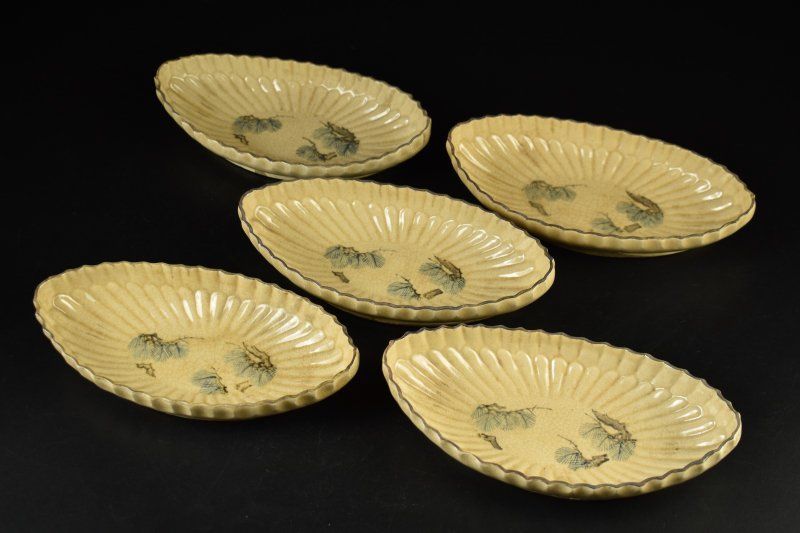 蔵A5607 古清水 寶山 舟形松の絵 向付 五客 粟田焼