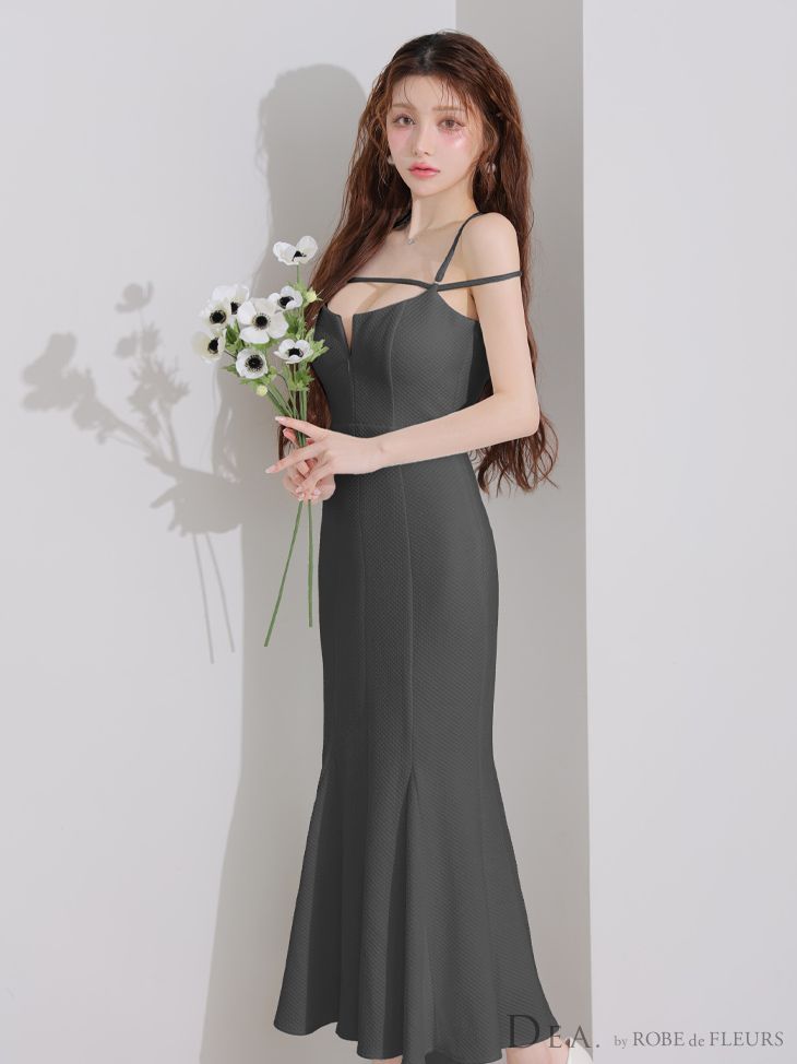 グレー DE4215 DEA. ディア デコルテライン ストレッチ キルティング マーメイド ワンピース ミモレ丈 マキシ丈 ミディアムドレス キャバドレス ロングドレス