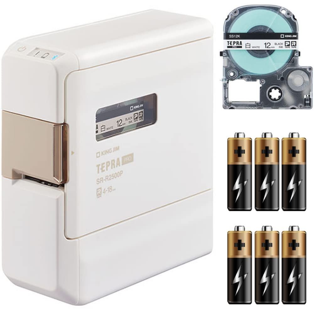 数量 キングジム ラベルプリンター SR-R2500P テプラPRO ＆ テープカートリッジ SS12K ＆ 乾電池 3点セット KING JIM
