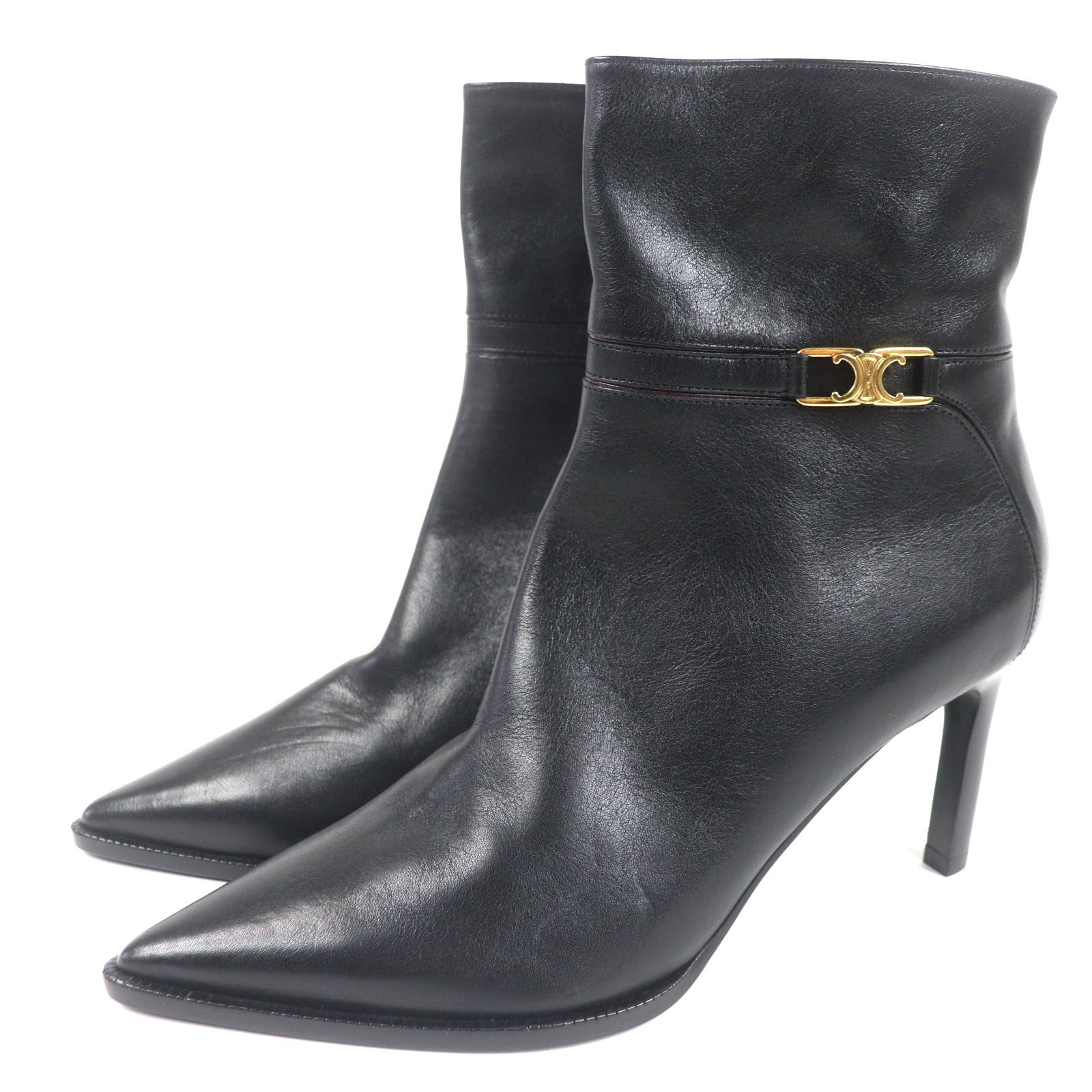 CELINE セリーヌ トリオンフ ベルヌイユ アンクルブーツ ポインテッドトゥ レザー ブーツ ブラック ゴールド金具 38 保存袋付き イタリア製 レディース