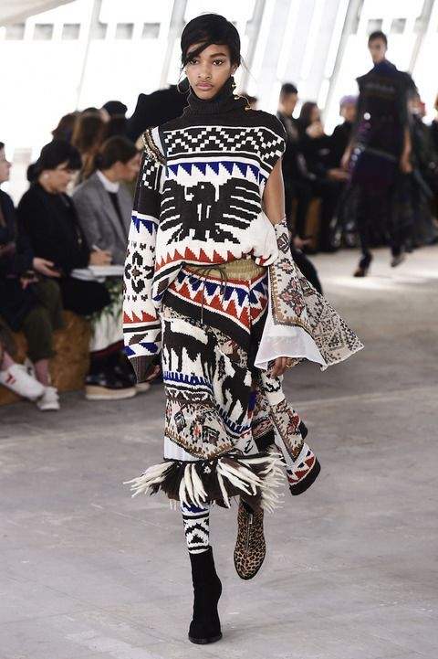 美品 sacai サカイ フリンジ ニット 民族柄 スカート0 18 
