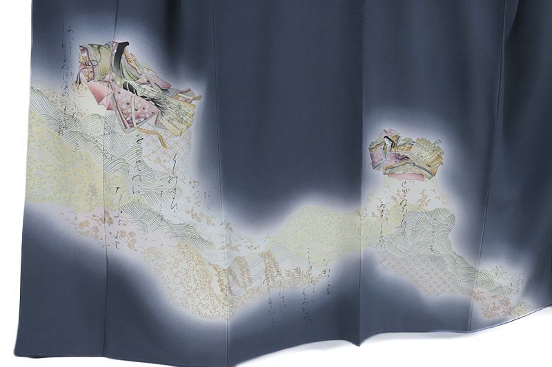 中古 訪問着 リサイクル 樽本伊勢蔵 正絹 摺り友禅 紺 灰色 人物