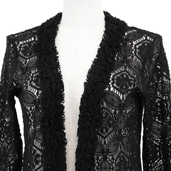 【極美品】CHANEL シャネル レースカーディガン 04A P24517 ロゴプレート フリル オープンフロント チュールカフ フローラル × ジオメトリック ウール × ナイロン 透かし編み トップス レディース サイズ 38 ブラック 黒 総柄 イタリア製 カール・ラガーフェルド期 CHANEL - 【極美品】CHANEL シャネル レースカーディガン 04A P24517