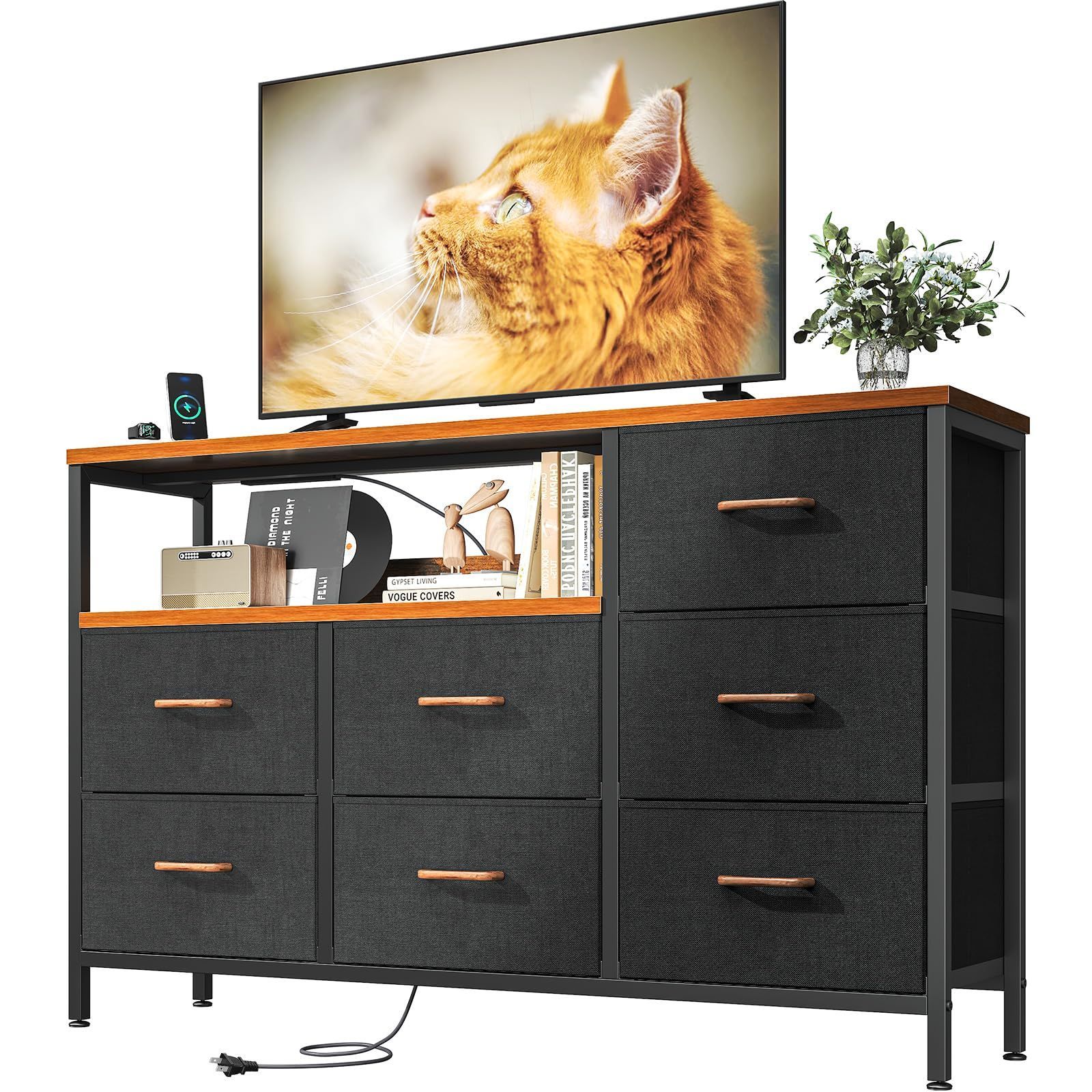 AODK タンス チェスト コンセント付き 幅132×奥行30×高さ90cm テレビ台 リビング 収納 大容量 洋服タンス 収納ケース 衣装ケース 布製引き出し 箪笥 おしゃれ 転倒防止 安定感 3段7杯 ブラック-ビンテージ