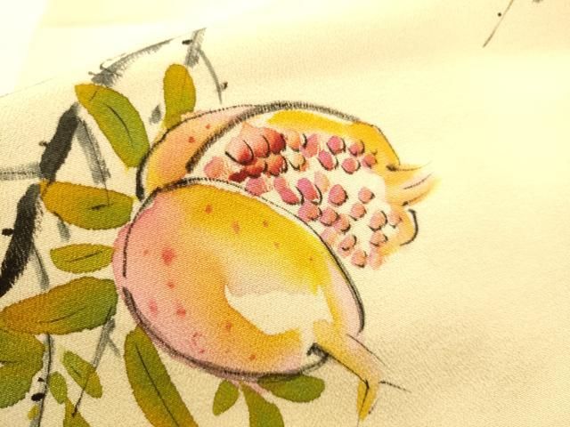 平和屋着物○九寸名古屋帯 手描き ざくろ 休み鳥枝葉文 正絹 逸品