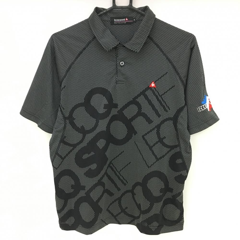 【美品】ルコック 半袖ポロシャツ 黒×白 ハニカム柄織生地 一部メッシュ ロゴプリント メンズ M ゴルフウェア le coq sportif